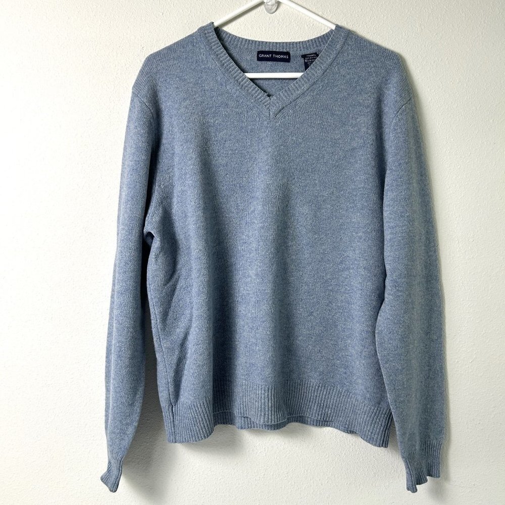 Grant Thomas Sweater Size L Blue Wool V Neck Pullover Long Sleeve - Flaws